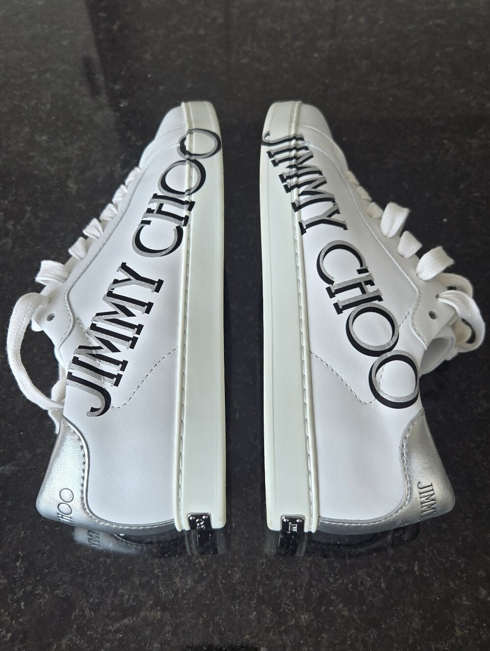 Jimmy Choo Authentic White Leather Logo Low-Top Sneakers with Silver Heel